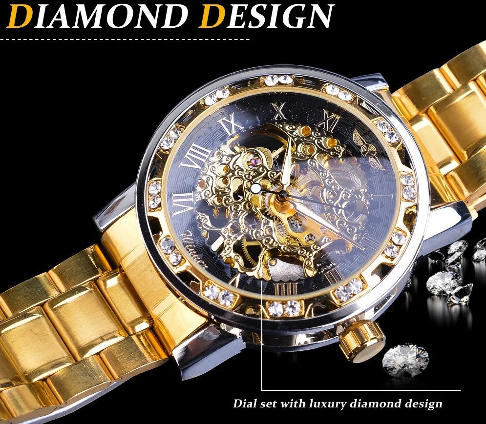 Winner Golden Watches Classic Rhinestone Clock - Black