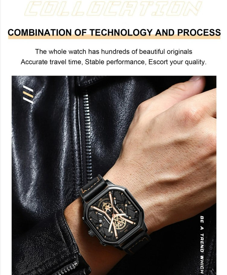 POEDAGAR Luxury Wristwatches Chronograph Leather Quartz Men's Watches - Black Silver