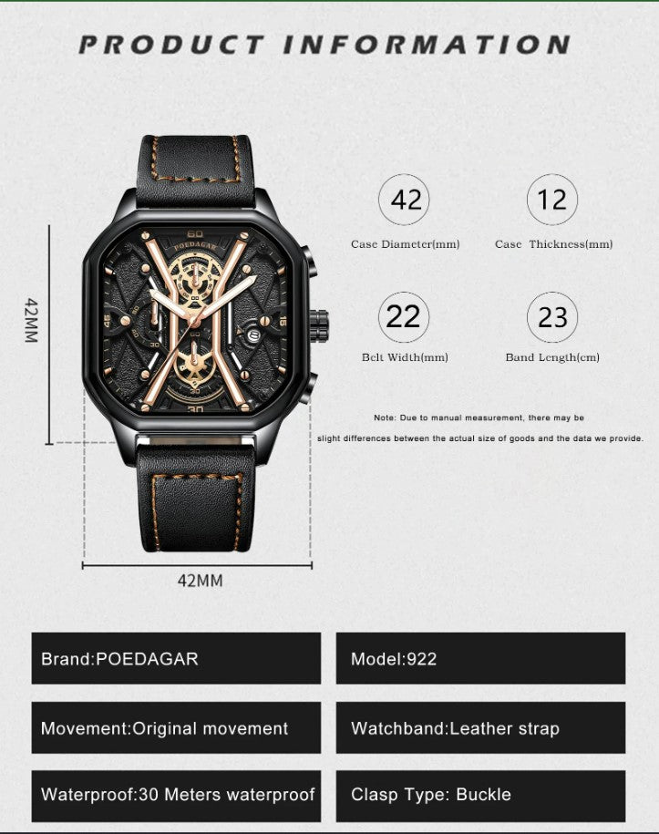 POEDAGAR Luxury Wristwatches Chronograph Leather Quartz Men's Watches - Silver Black