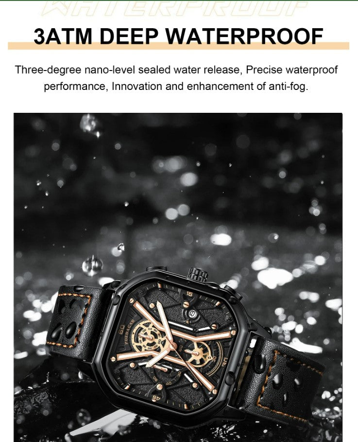 POEDAGAR Luxury Wristwatches Chronograph Leather Quartz Men's Watches - Silver Black