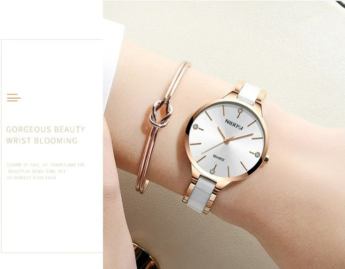 NIBOSI Luxury Ceramic Ladies Bracelet Watches - Rose White