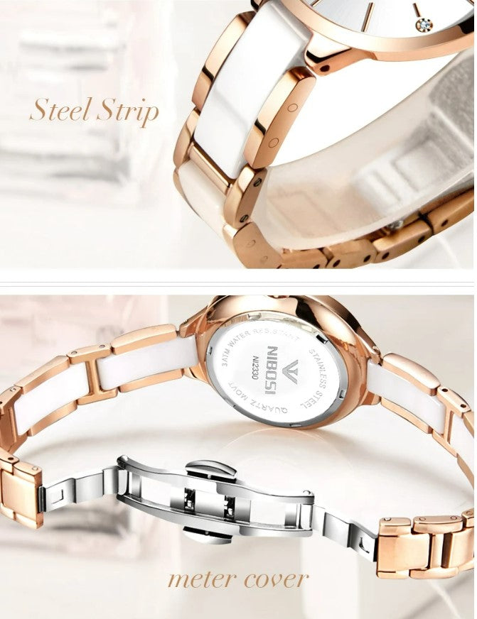 NIBOSI Luxury Ceramic Ladies Bracelet Watches - Rose White